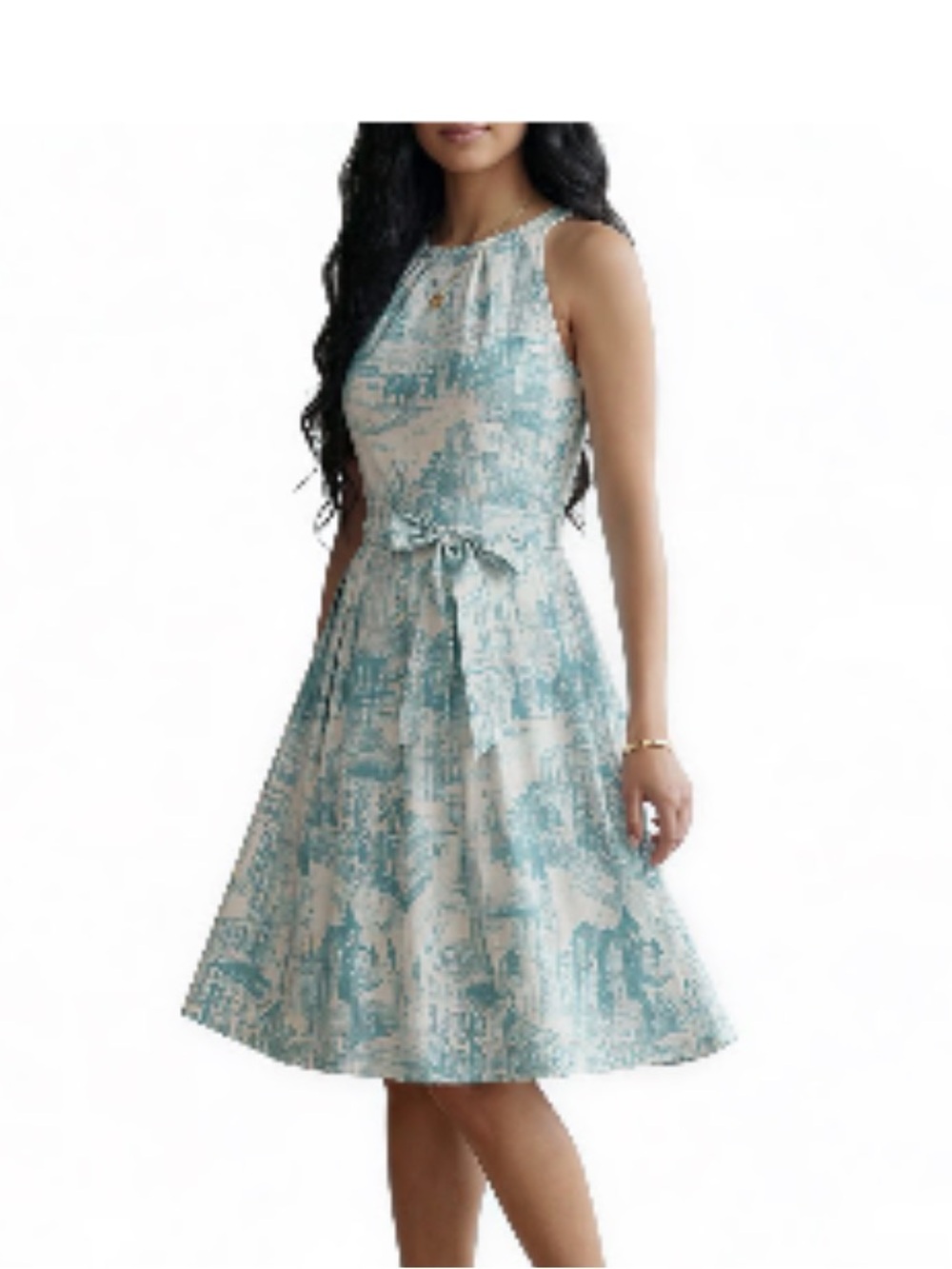 Chetta B White Dress with Teal Scenic Print